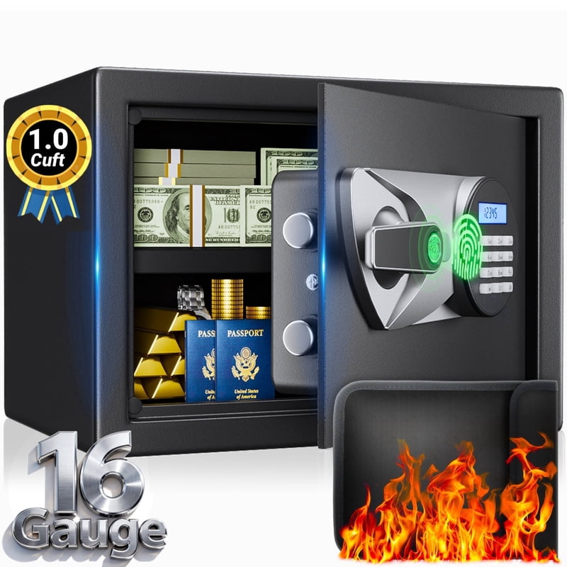 Biometric Safe Box with Fingerprint & Code Lock - Heavy Duty Steel Security Safe, Fireproof Document Storage, 1.0 CuFt