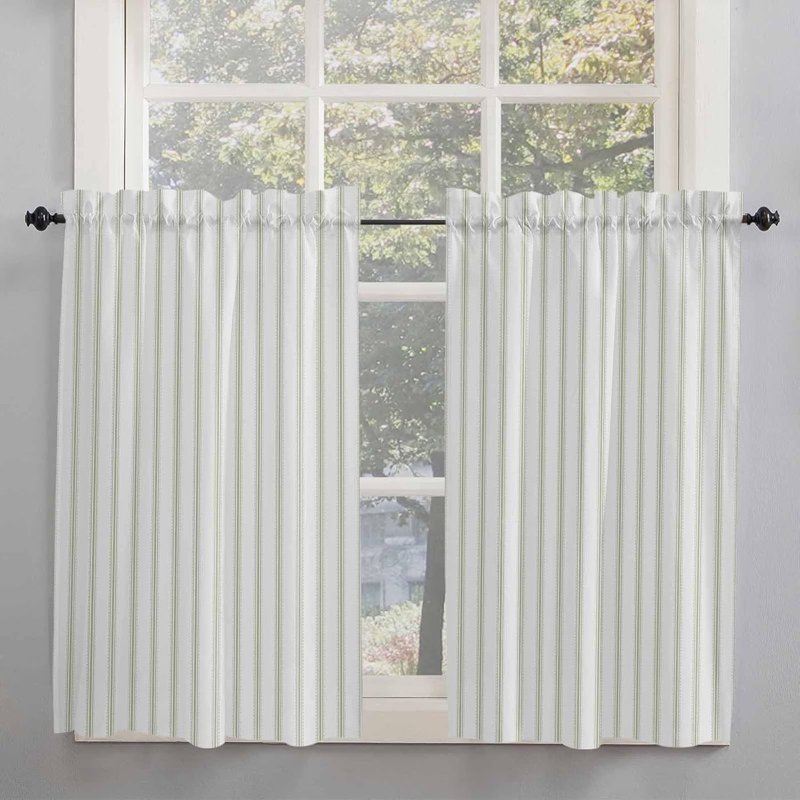 Sage Green Striped Window Curtain Set - Farmhouse Style, 2 Panels, Multiple Sizes