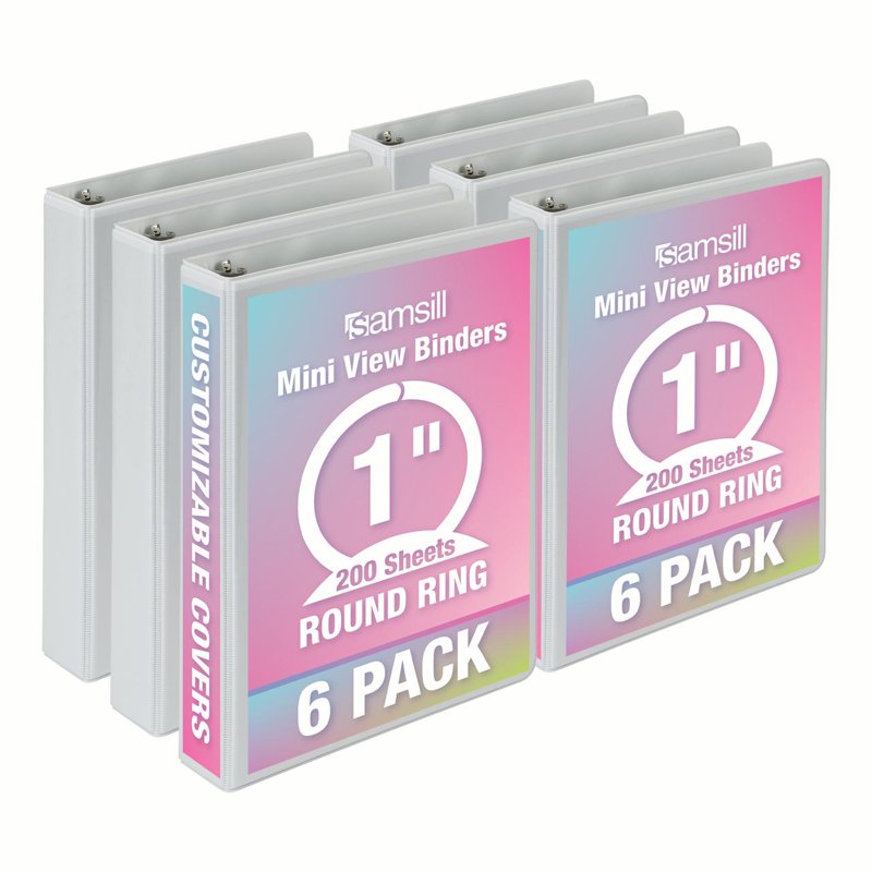 Mini View 3 Ring Binders - White, 6 Pack, Compact & Durable Organization