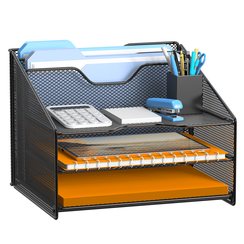 Mesh Desk File Organizer with 3 Paper Trays and Vertical Sections - Black
