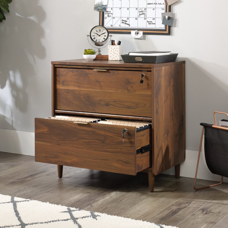 Sauder Clifford Place Lateral File Cabinet - Walnut Finish with Lock & Cords Pass-Through