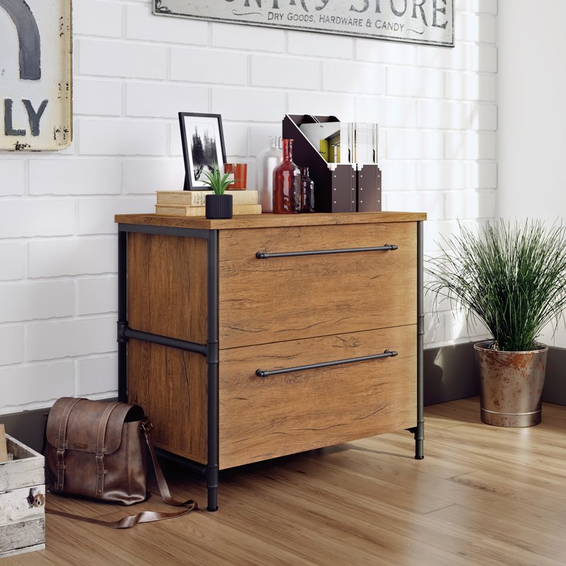 Industrial 2-Drawer Lateral File Cabinet in Checked Oak Finish - Home Office Storage