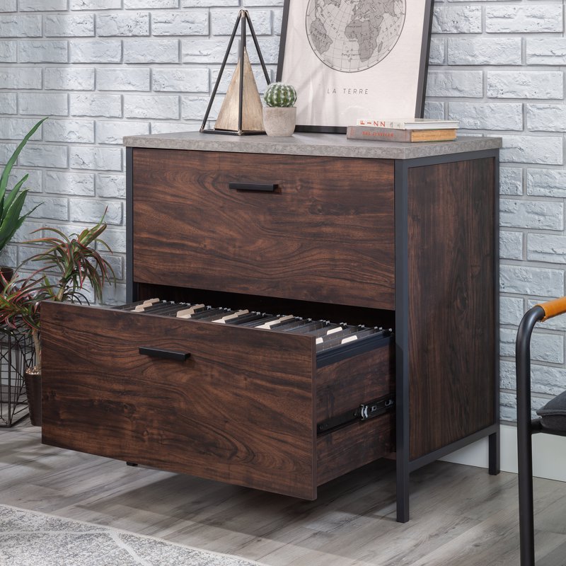 Lateral File Cabinet with 2 Drawers - Engineered Wood & Metal, Rich Walnut Finish