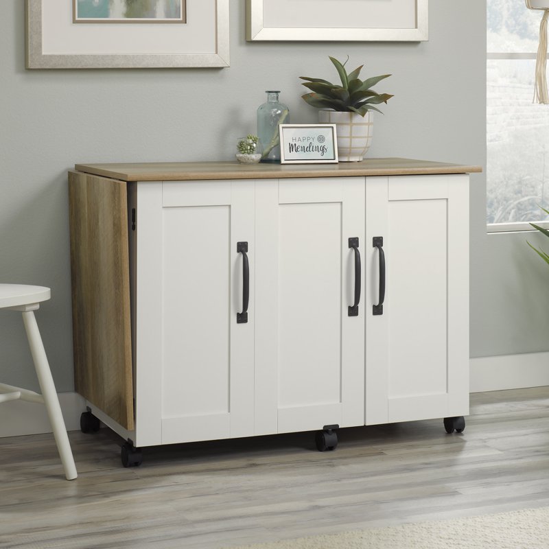 Sauder Sewing & Craft Cart with Drop Leaf & Storage - Soft White Finish