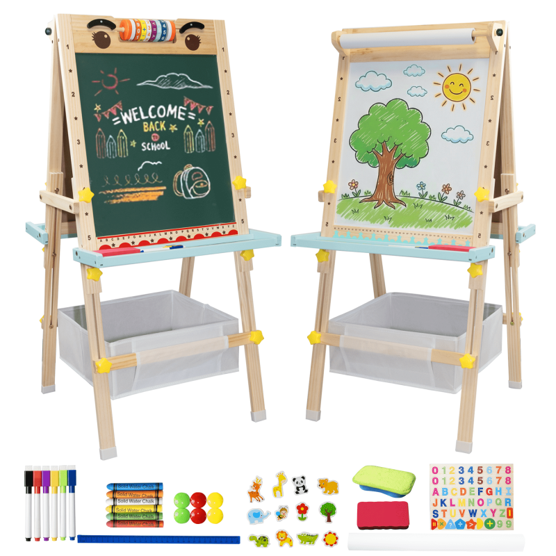 Kids Art Easel with Paper Roll Double-Sided Adjustable Drawing Board with Accessories