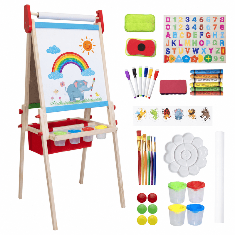 Kids Wooden Art Easel with Adjustable Height, Double-Sided Chalkboard & Painting Accessories