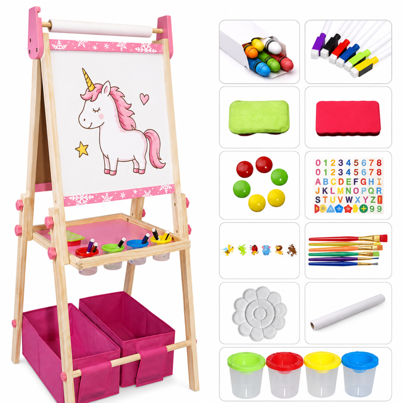 Kids Art Easel 3-in-1 Wooden Double Sided Magnetic Whiteboard & Paper Roll - Adjustable, Pink
