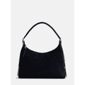 Women's Faux Suede Shoulder Bag with Zipper & Braided Strap - Black