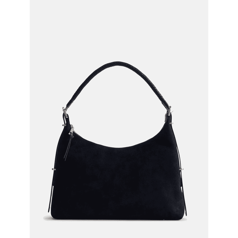Women's Faux Suede Shoulder Bag with Zipper & Braided Strap - Black