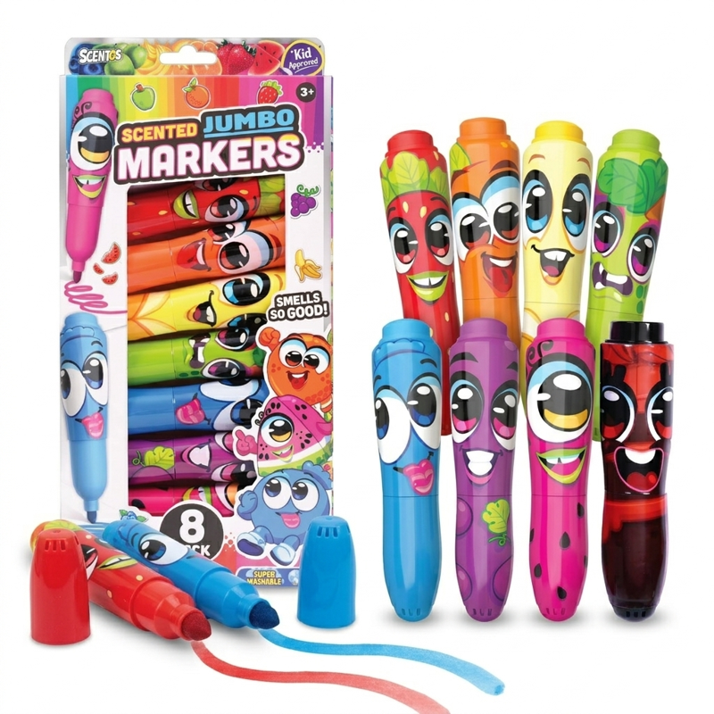 Kids Scented Markers Set - 8 Jumbo Fruit Fragrance Markers for Coloring & Crafts