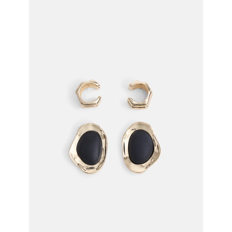 Gold Tone Ear Cuff and Post Earrings Set for Women - Black Accent