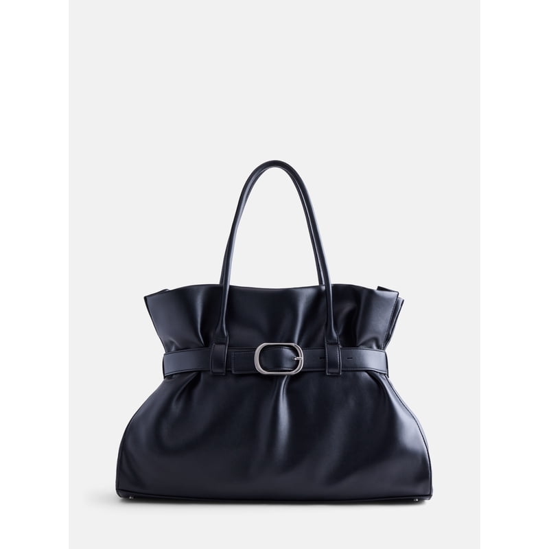 Women's Faux Leather Tote Bag with Buckle - Stylish and Spacious Handbag