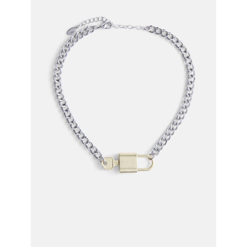Women’s Padlock Key Necklace - Rhodium & Brass Tone Modern Jewelry