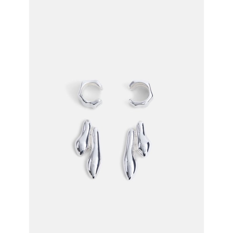 Silver Tone Ear Cuffs and Drop Earrings Set for Women - Sculpted Organic Design
