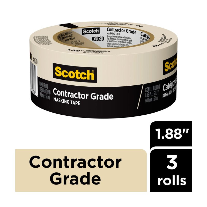 Scotch Contractor Grade Masking Tape, 1.88 in x 60.1 yd, Tan — 3 Rolls