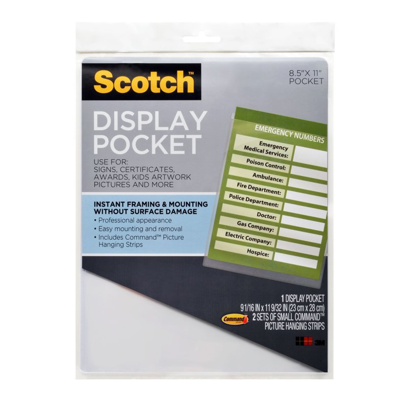 Display Pocket for 8.5x11 Documents with Command Hanging Strips - Clear Plastic