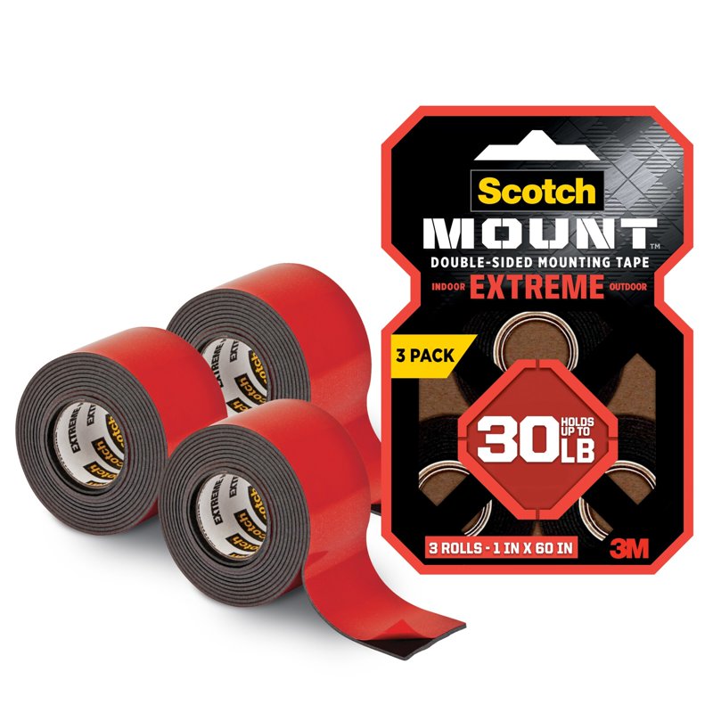 Heavy Duty Double-Sided Mounting Tape - Indoor & Outdoor Use, 3 Rolls, Holds 30 lbs