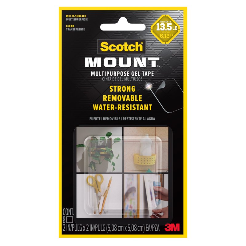 Double Sided Gel Mounting Tape Squares - Holds Up to 13.5 lbs, Clear, 8 Pack