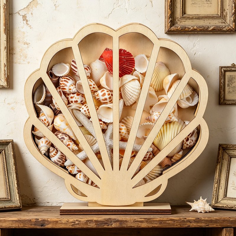 Seashell Wooden Storage Box with Clear Display Window - Beach Decor Organizer