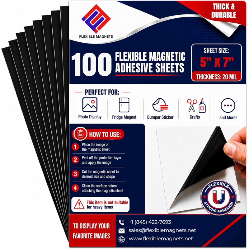 Magnetic Sheets with Adhesive Backing - Flexible Magnetic Labels & Crafts, 5x7 Inches, 100 Pack