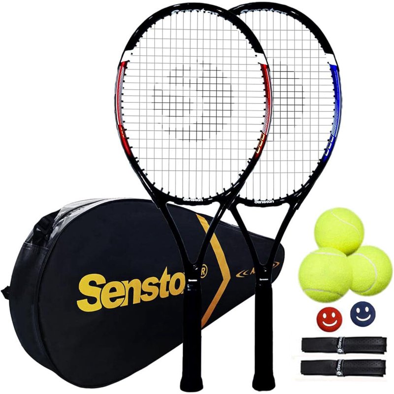 Adult Tennis Racket Set with 2 27-Inch Racquets, Balls, Grips & Dampers