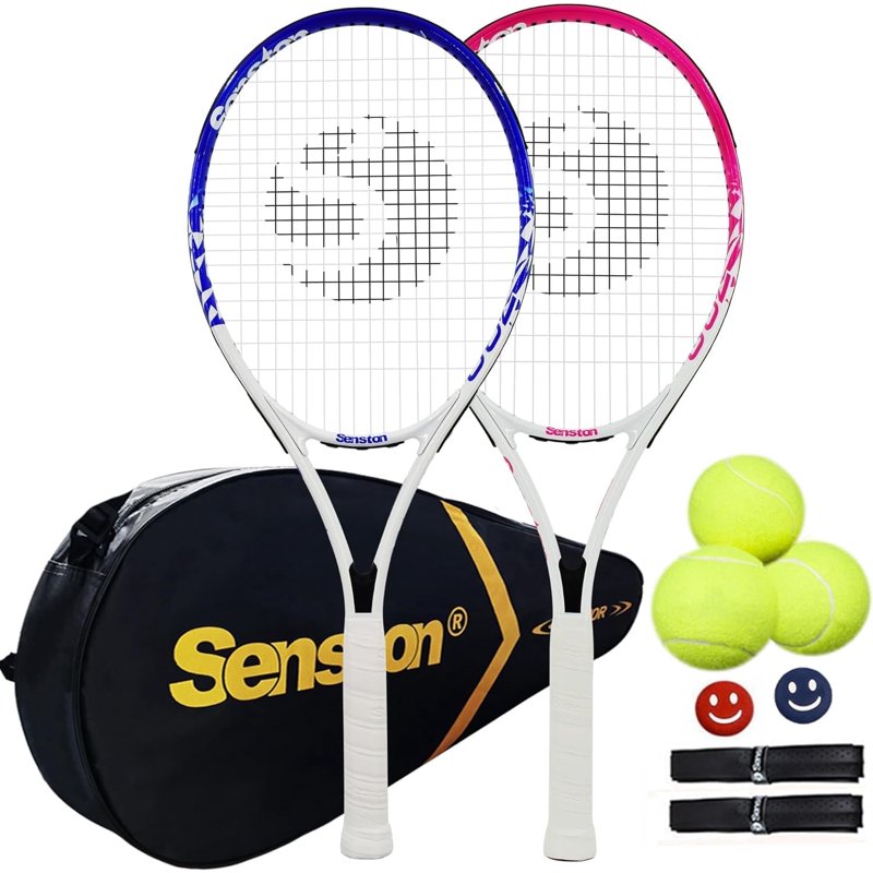 Adult Tennis Racket Set with 2 27-Inch Racquets, Balls, Grips & Dampers