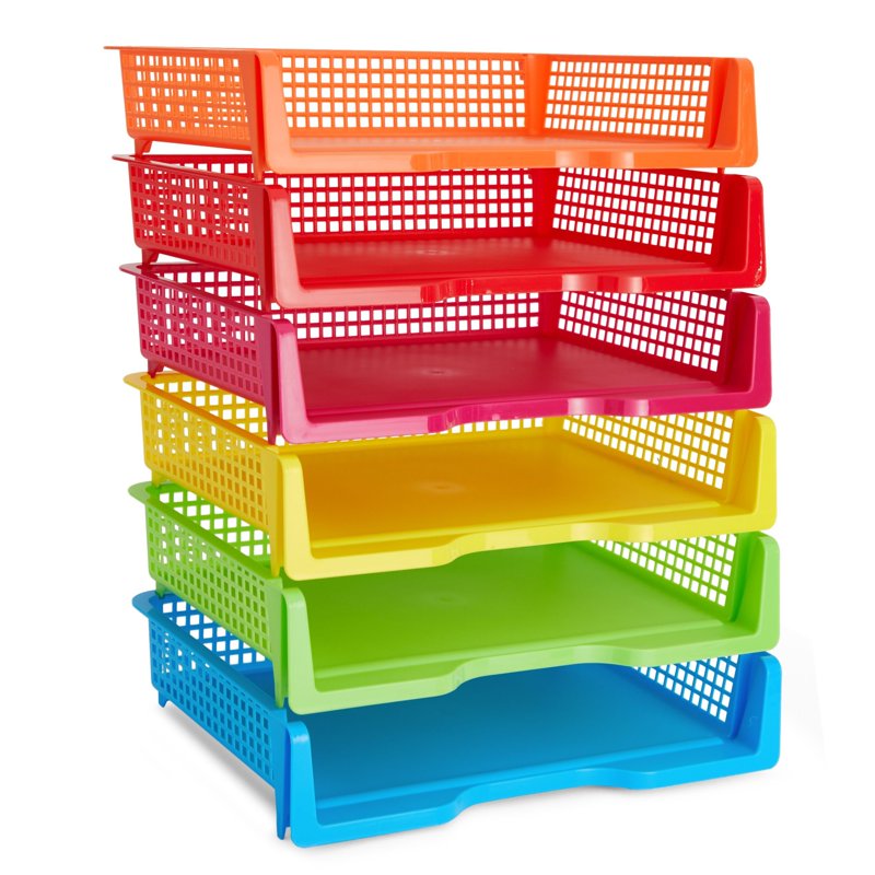 Rainbow Classroom Paper Organizer Trays Set of 6 - Plastic Desk Baskets