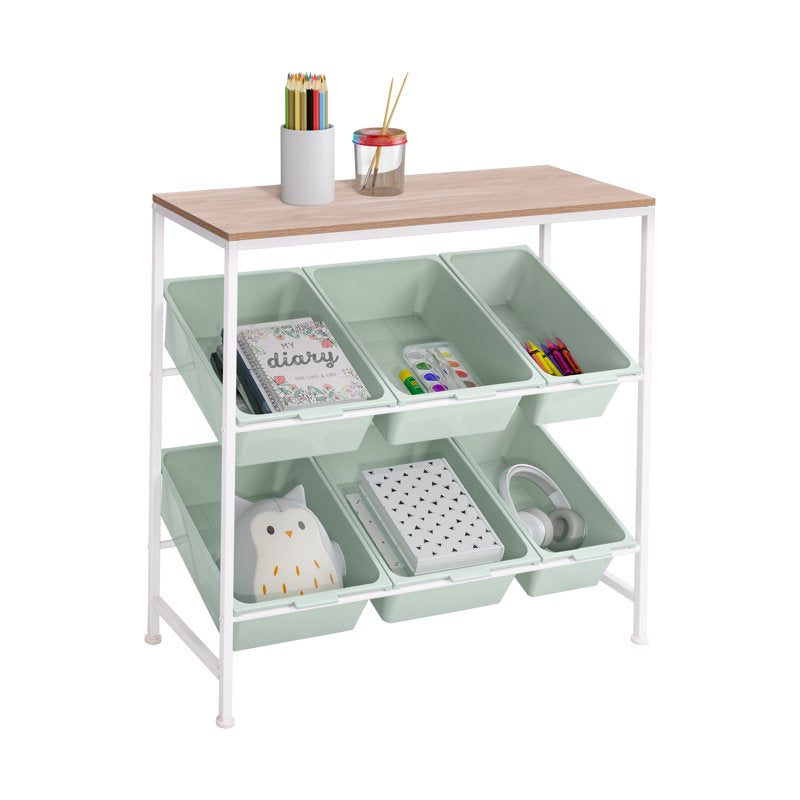 6-Bin Utility Storage Cart with Removable Bins and Top Shelf, White & Green