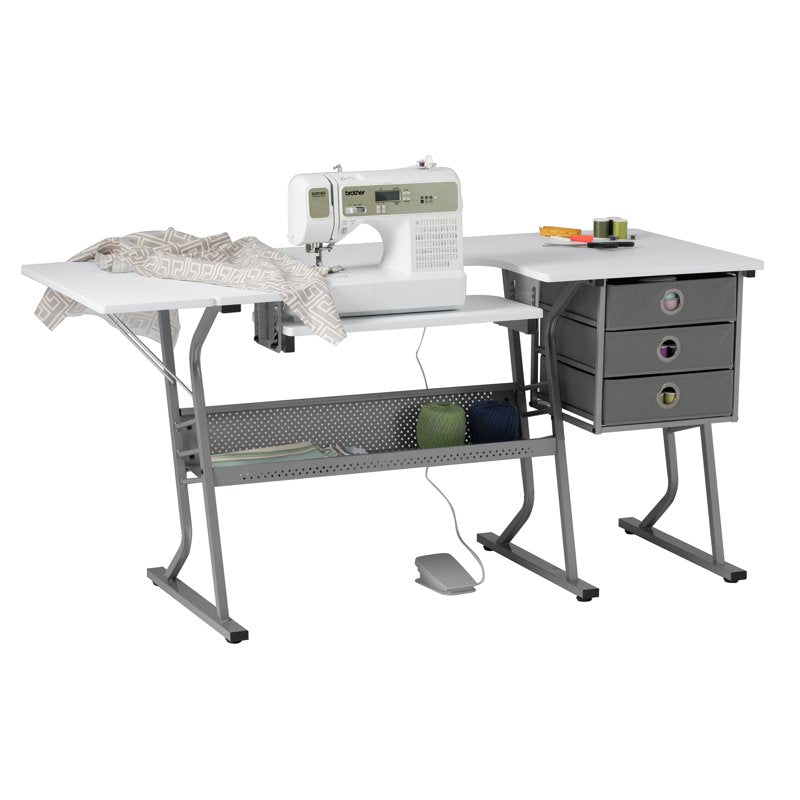Large Sewing Machine Table with Storage, Adjustable Shelf & Foldable Side Shelf