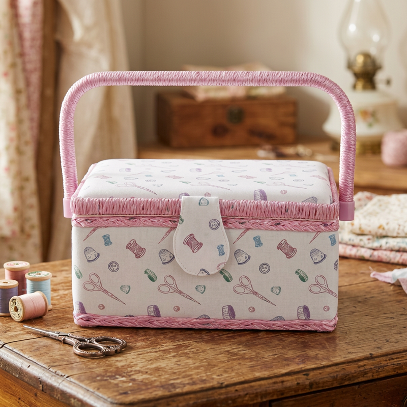 Vintage Wooden Sewing Basket Organizer with Removable Tray and Pin Cushion
