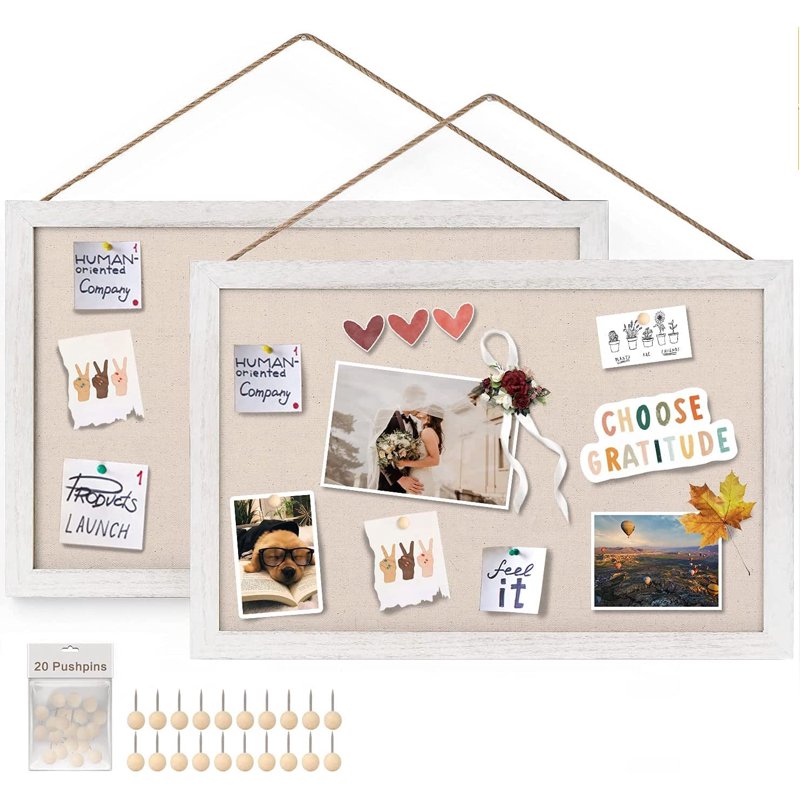 Wood Bulletin Boards 2-Pack Linen Wall Pin Boards for Home Office Kitchen Decor