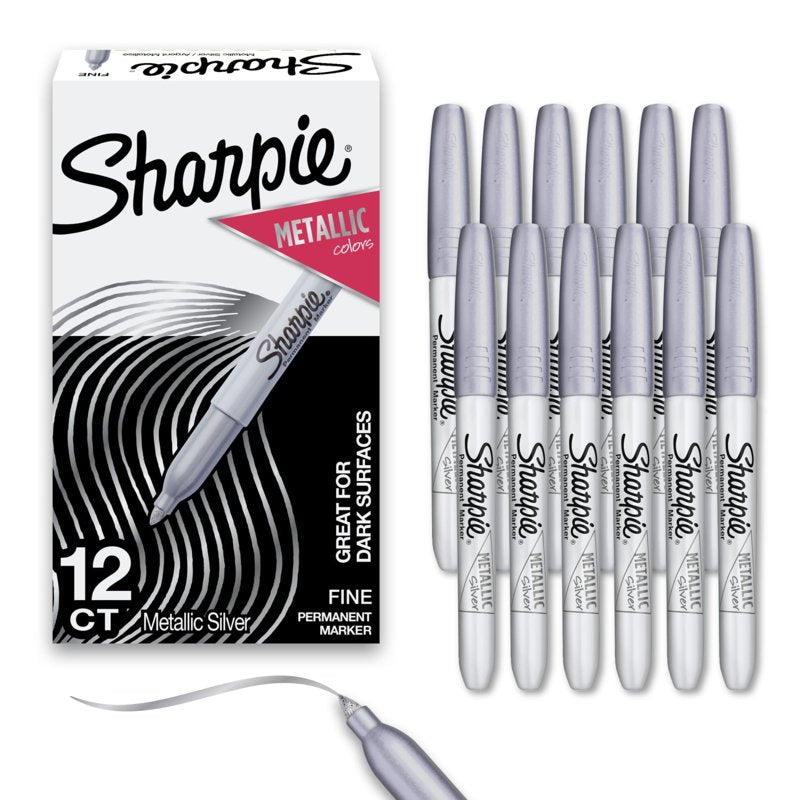 Metallic Permanent Markers Fine Point Silver 12 Pack - Waterproof & Fade-Resistant