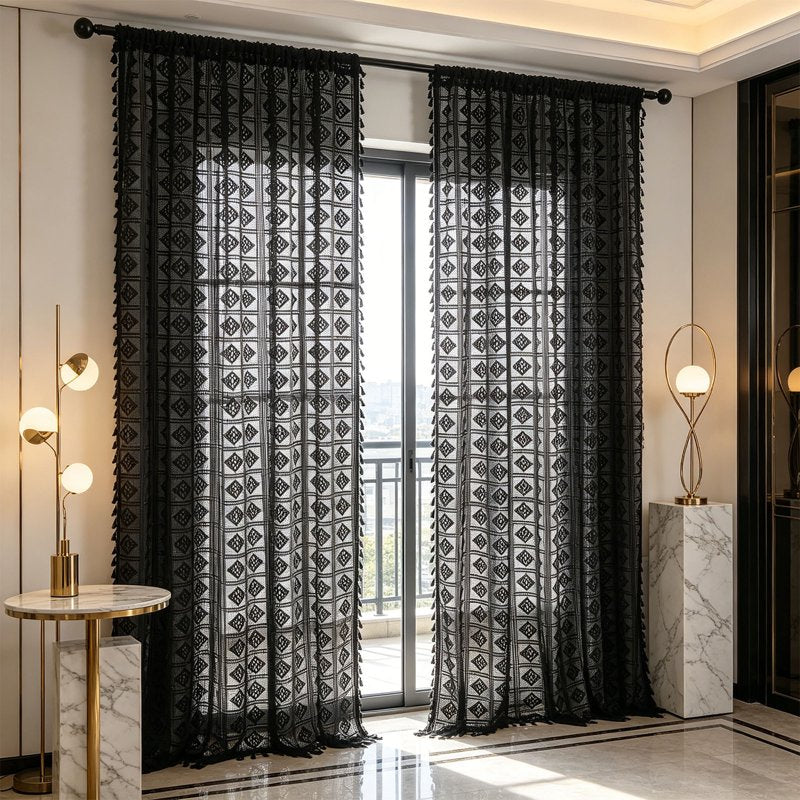 Black Sheer Embroidered Curtains 55x79 Inches Openwork Semi Shade Drapes