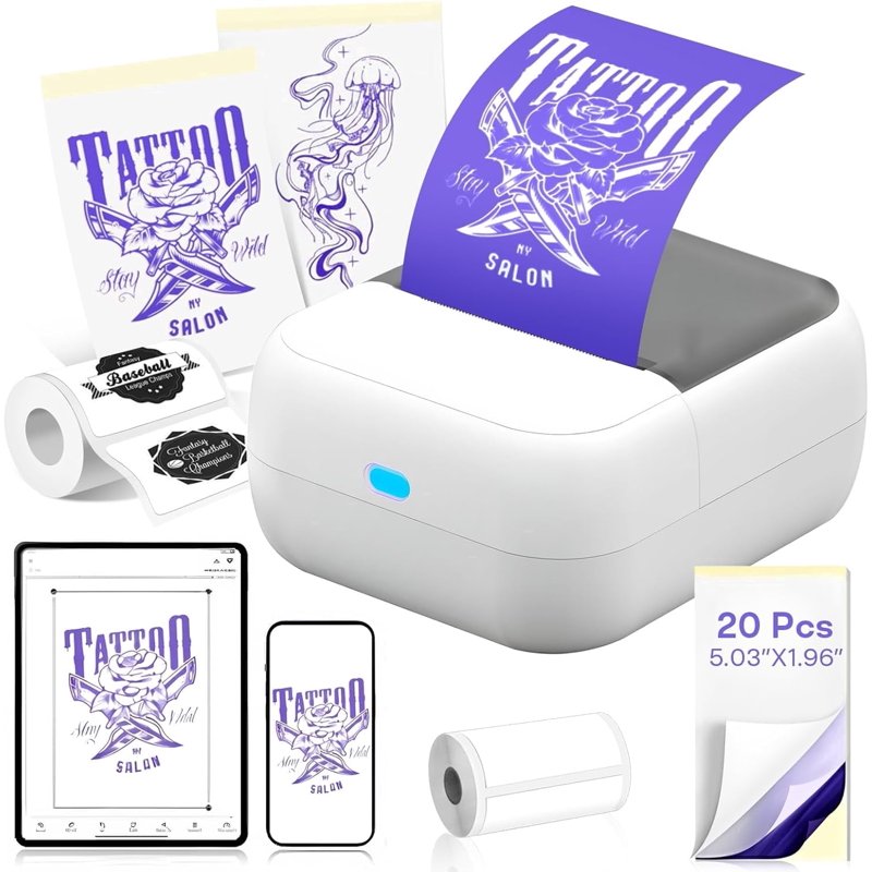 Mini Tattoo Stencil Printer & Thermal Label Printer with 20 Sheets - Inkless & Portable