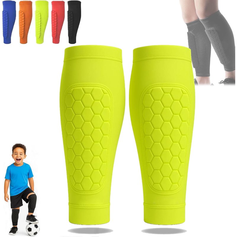 Shin Defender Shin Guards for Kids - 2 Pack with Honeycomb Padding (Green, Age 6-10)