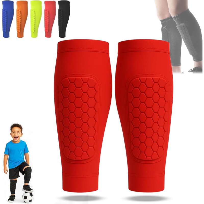 Shin Defender Kids Shin Guards with Honeycomb Pads - 2 Pack, Red, L (Age 14-18)