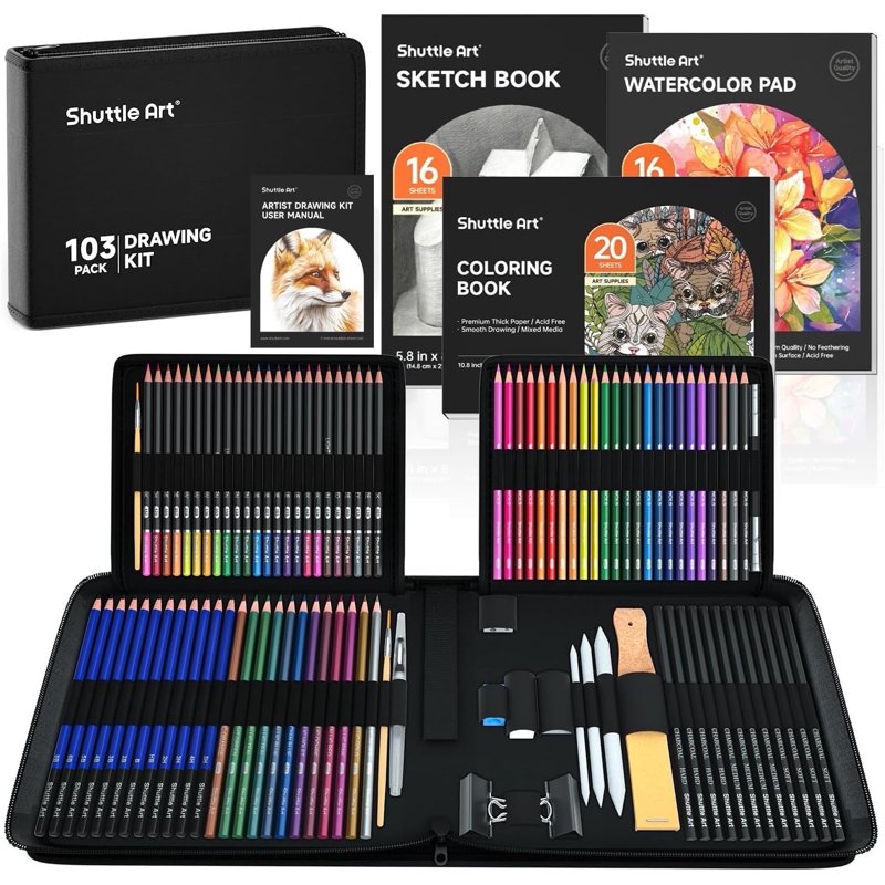 Complete Artist Drawing Kit with Pencils, Pastels, Charcoal, Paper Pads, and Accessories