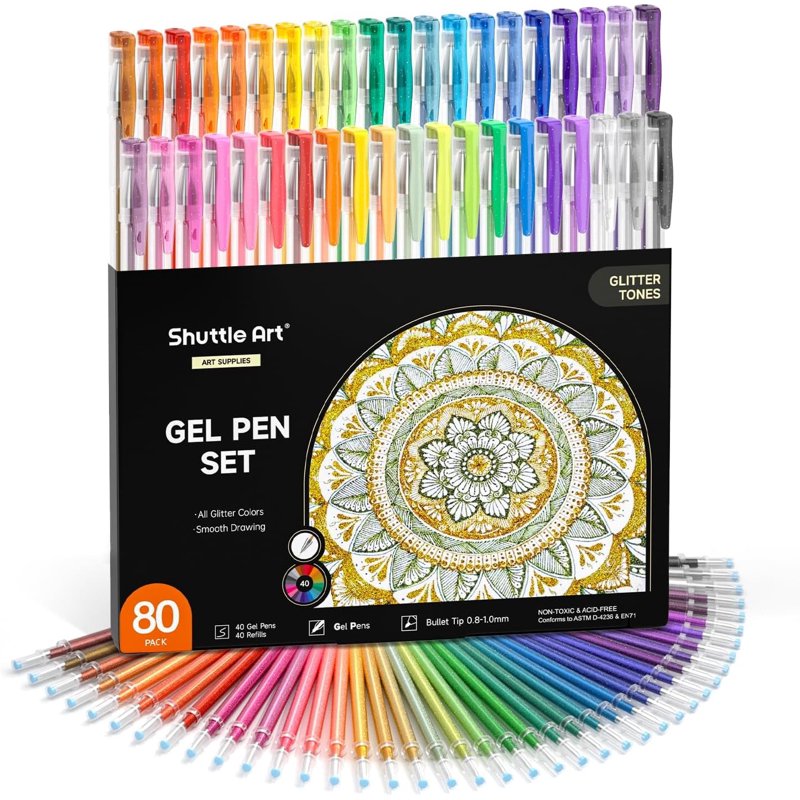Glitter Gel Pens Set - 40 Colors with Refills for Adult Coloring & Crafting