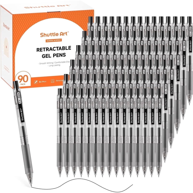 Bulk Black Gel Pens Set - 90 Retractable 0.5mm Fine Tip for Writing & Drawing