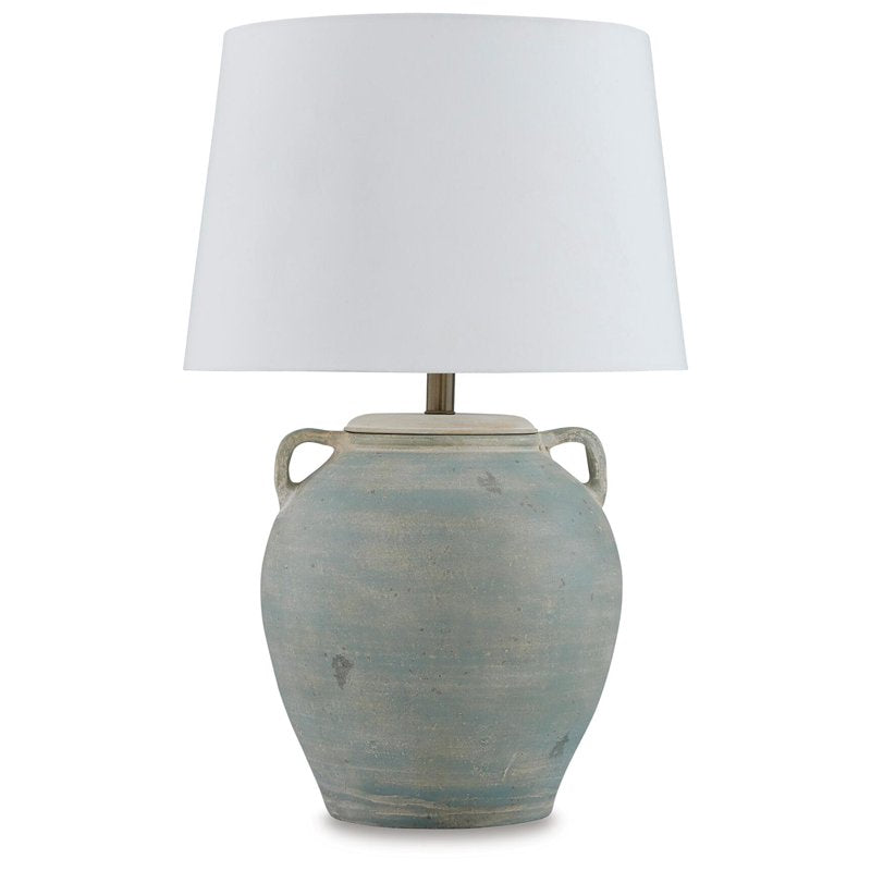 Terracotta Table Lamp with Green Finish and Drum Shade - 28.5 Inch