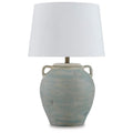Terracotta Table Lamp with Green Finish and Drum Shade - 28.5 Inch