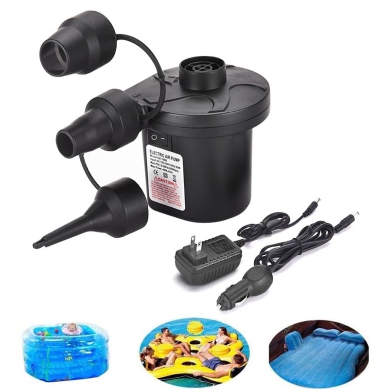 Portable Electric Air Pump with 3 Nozzles for Inflatables Black
