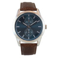 Men's 41mm Silver Tone Teal Blue Dial Watch with Brown Faux Leather Strap