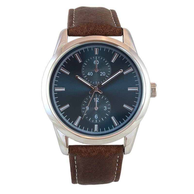 Men's 41mm Silver Tone Teal Blue Dial Watch with Brown Faux Leather Strap