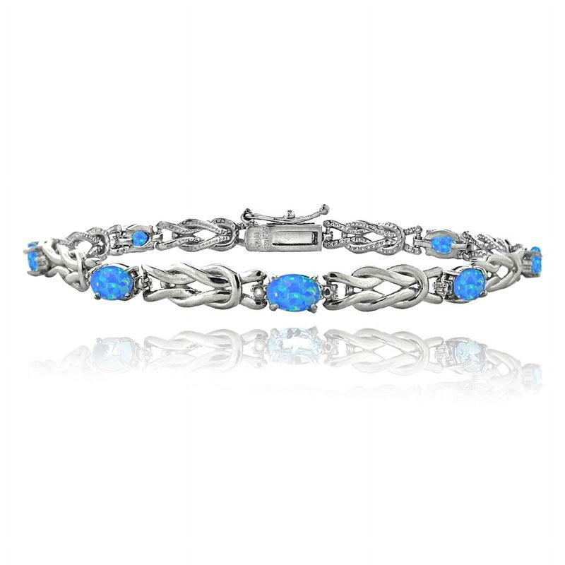 Silver Tone Blue Opal & Diamond Love Knot Bracelet - Elegant Jewelry Gift