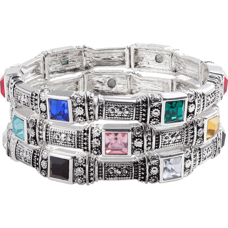 Women's Crystal Stretch Bracelet Set - Silver Tone 3-Piece Jewelry