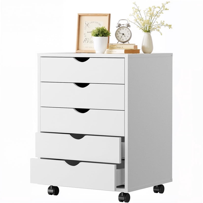 Wooden 5-Drawer Mobile Storage Chest with Wheels for Office & Home Organization