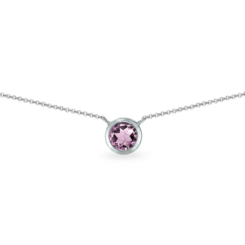Sterling Silver Bezel-Set 6mm Simulated Alexandrite Dainty Necklace for Women & Teens