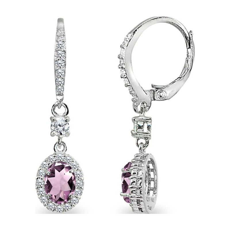 Sterling Silver Oval Halo Dangle Earrings with Simulated Alexandrite & CZ
