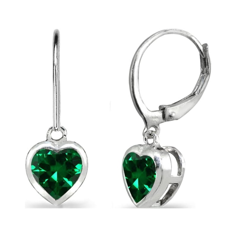 Sterling Silver Heart Bezel-Set Dangle Earrings with 6mm Gemstones - Multiple Colors